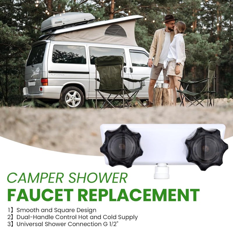 gcbcrit RV Shower Faucet, Dual-Handle Camper Shower Faucet with Acrylic Knobs, 4" RV Shower Valve Diverter, RV Outdoor Shower for RV, Camper Van, Outside and Inside Bathroom Shower (White + Gray Knob) - Image 3